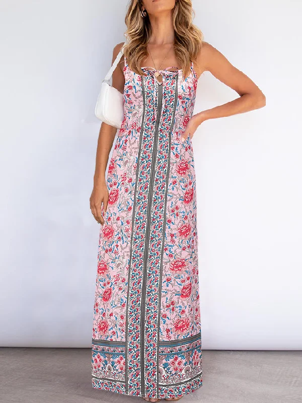 Sleeveless Floral Backless Adjustable Sphagetti Strap Maxi Dress Trendy Fit-and-Flare Maxi Dress