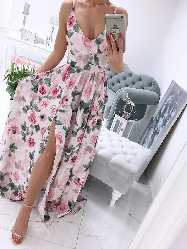 Spaghetti Strap Sleeveless Floral Side Split Maxi Dress Comfortable Plunging Neckline Maxi Dress