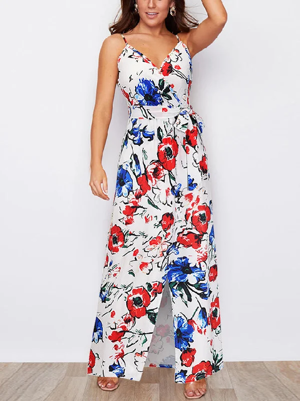 Spaghetti Strap Tie Waist Front Split Floral Maxi Dress Cozy Cold-Shoulder Maxi Dress