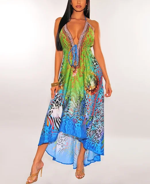 Spaghetti Strap V Neck Floral Chiffon Maxi Dress Comfortable Bohemian Maxi Dress