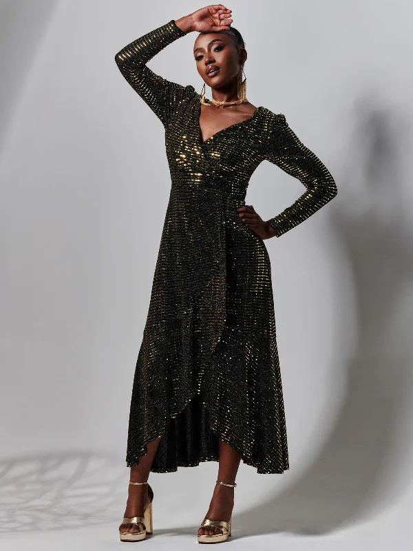 Sparkly Glitter Wrap Flare Maxi Dress, Gold Fashionable Faux Wrap Maxi Dress