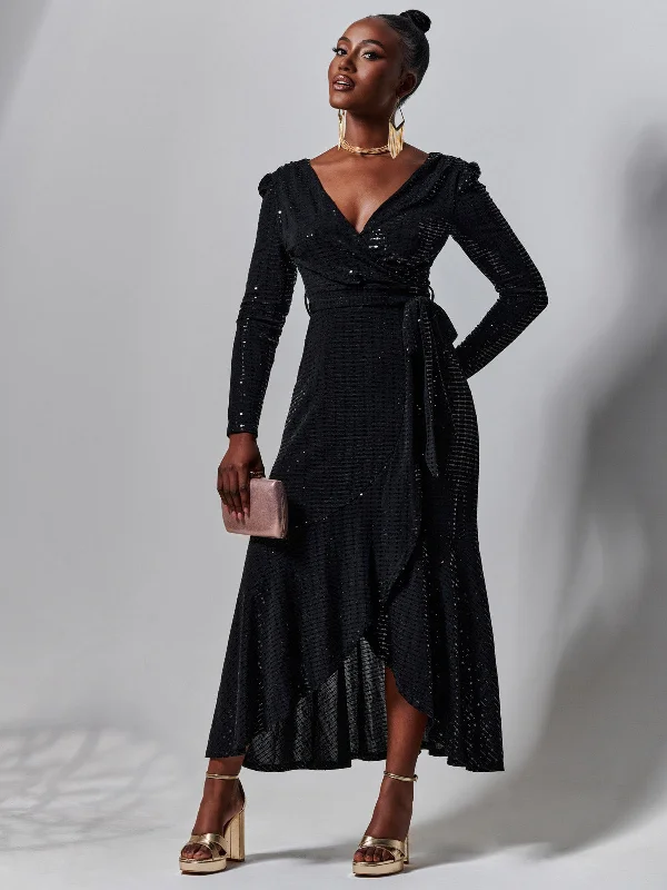 Sparkly Wrap Frill Hem Maxi Dress, Black Chic Off-Shoulder Maxi Dress