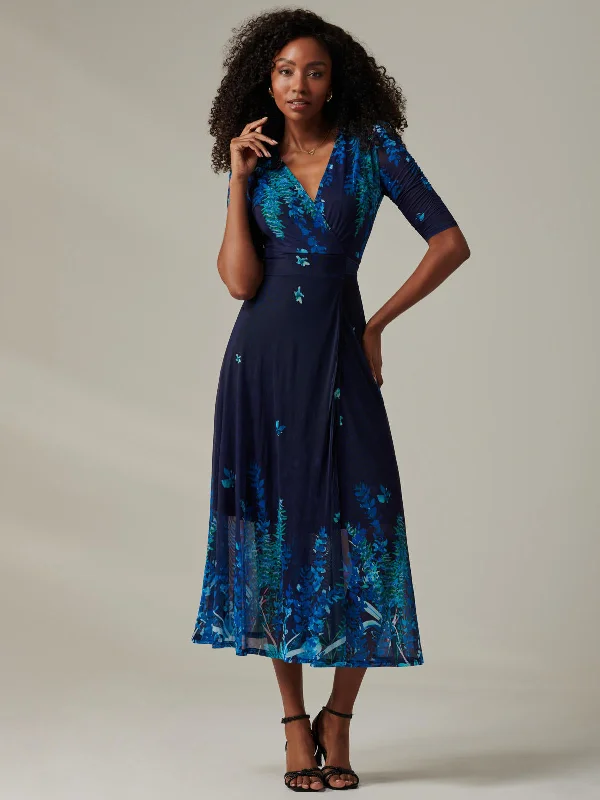 Stella Floral Print Wrap Mesh Maxi Dress, Navy Blue Multi Stylish Button-Up Maxi Dress