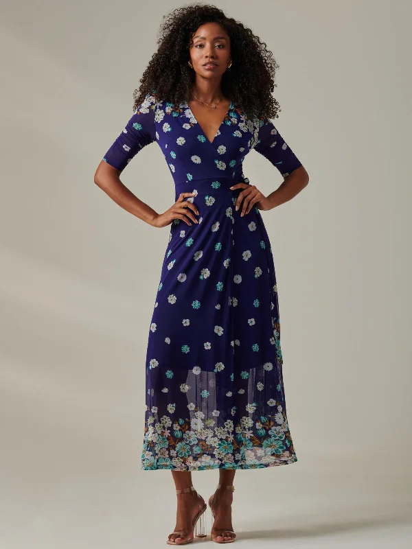 Stella Floral Print Wrap Mesh Maxi Dress, Navy Floral Comfortable Long-Sleeve Maxi Dress