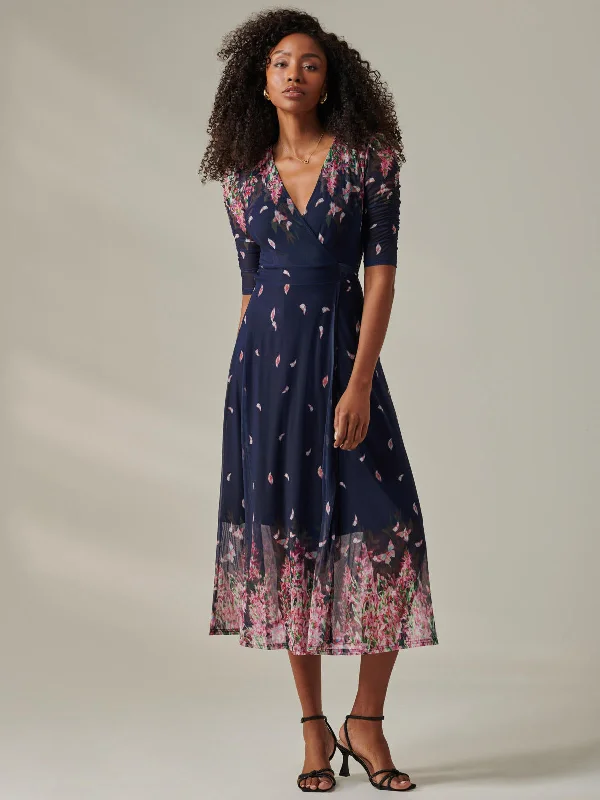 Stella Floral Print Wrap Mesh Maxi Dress, Navy Pink Multi Stylish Empire Waist Maxi Dress