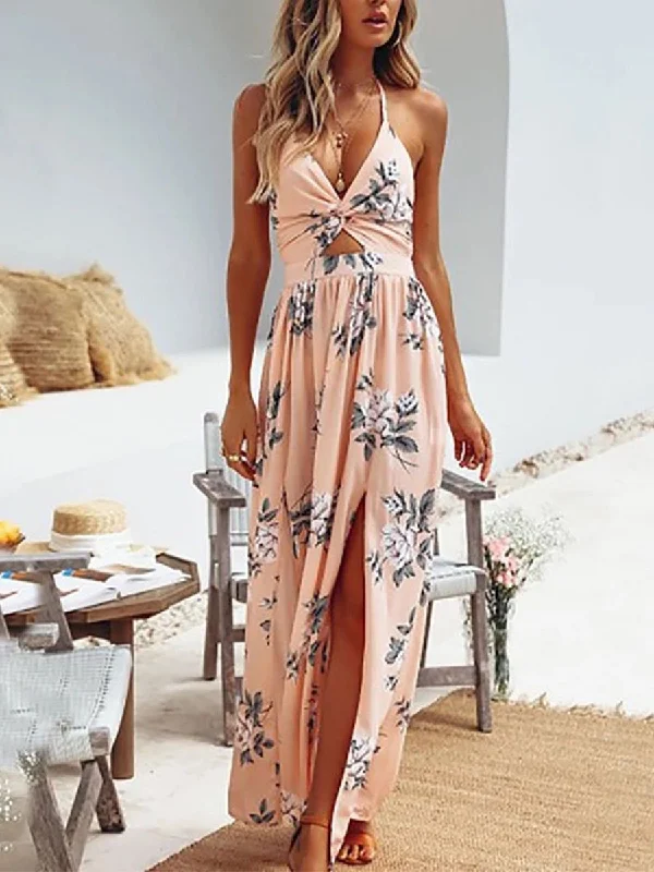 Strap V-neck Floral Maxi Dress Comfortable Long-Sleeve Maxi Dress