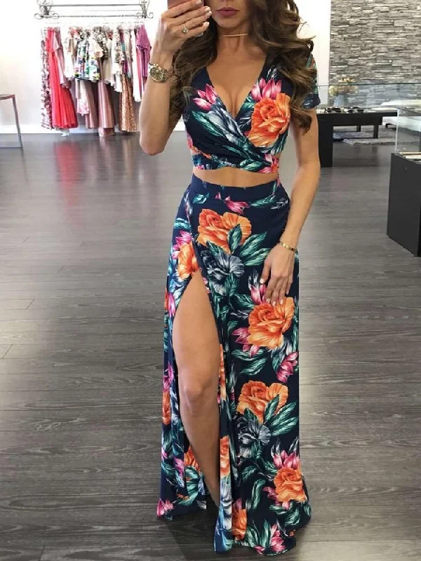 Stylish High Slit Floral Print Maxi Dress Set Elegant Boho Maxi Dress