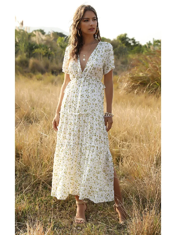 Summer Floral Print Ruffles Boho Maxi Dress Fashionable Chiffon Tiered Maxi Dress