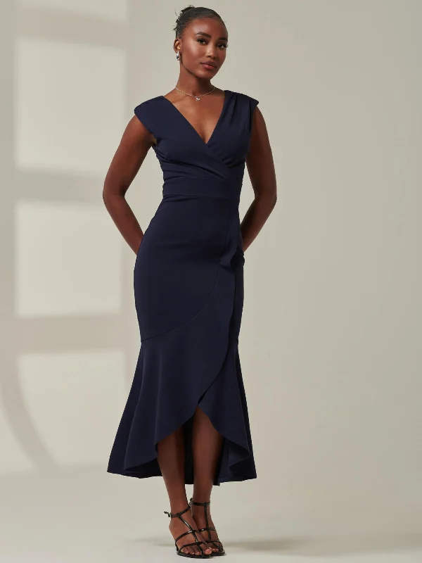 Tara Sleeveless Draped Maxi Dress, Navy Fashionable Button-Down Maxi Dress