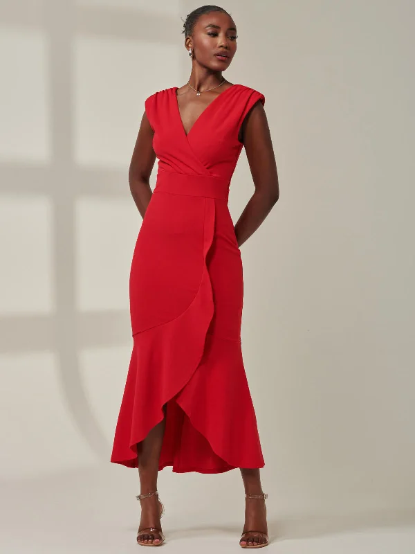 Tara Sleeveless Draped Maxi Dress, Red Comfortable Fit-and-Flare Maxi Dress