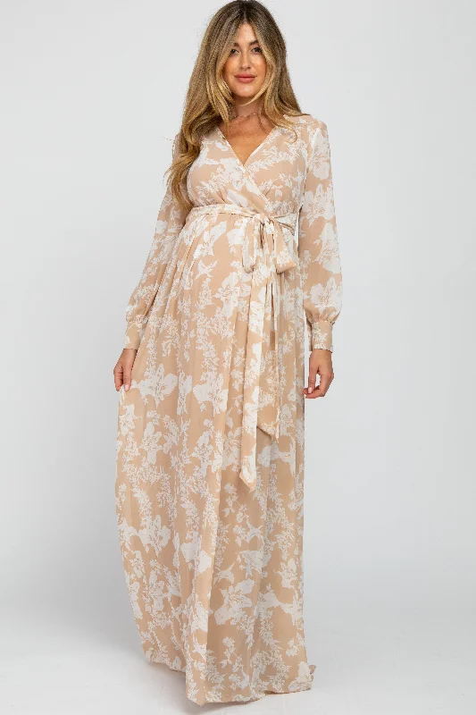 Taupe Floral Chiffon Maternity Maxi Dress Fashionable Layered Maxi Dress