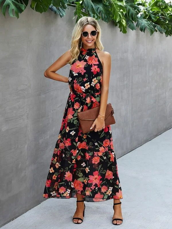 Sleeveless Backless Halter Neck Floral Maxi Dress Stylish Long Sleeve Maxi Dress