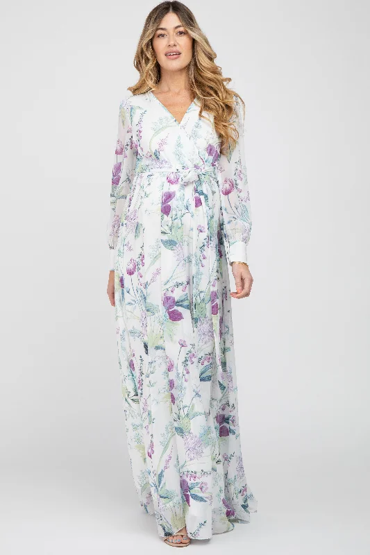 White Floral Chiffon Long Sleeve Pleated Maternity Maxi Dress Stylish Pleated A-Line Maxi Dress