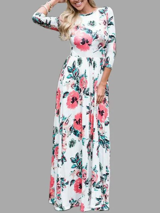 White Random Floral Print 3-4 Length Sleeves Maxi Dresses Cozy Ruffle Sleeve Maxi Dress