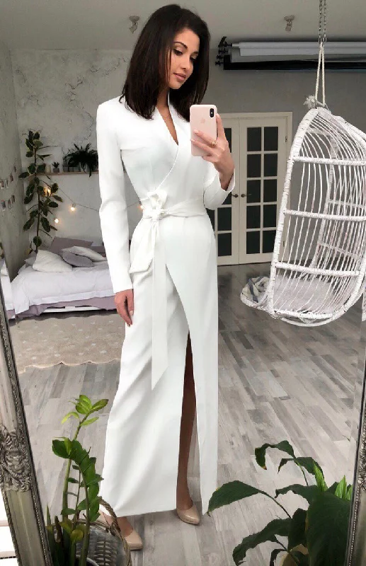 White Wrap Long Sleeve Maxi Dress Fashionable Maxi Dress with Fringe