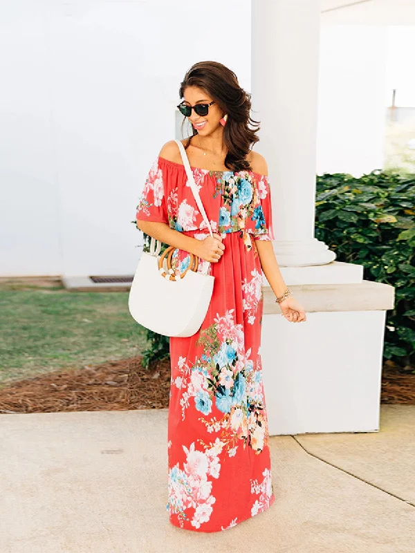 Women Floral Print Off Shoulder Maxi Dresses Comfortable Fitted Maxi Dress