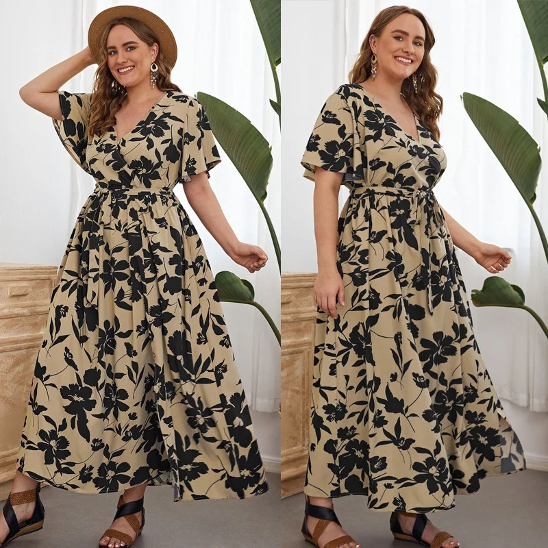 Women Plus Size Casual Floral Print V Neck Short Sleeve Loose Maxi Dress Comfortable Flowy Maxi Dress