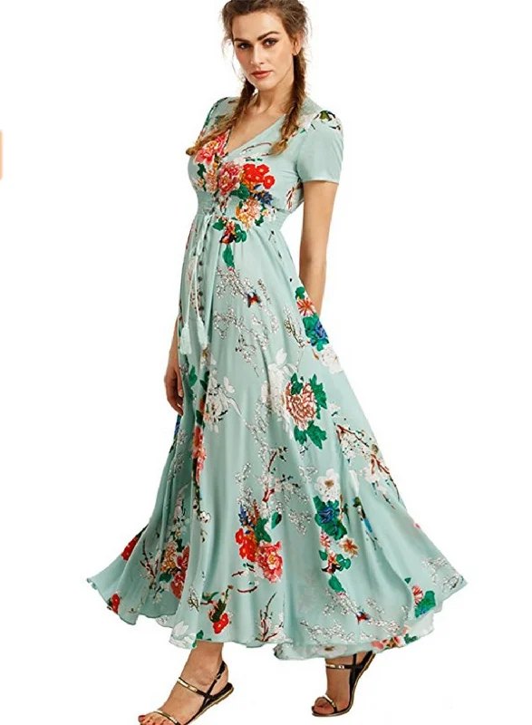 Women s Boho V Neck High Waist Slit Floral Maxi Dress Comfortable Ruffle Maxi Dress