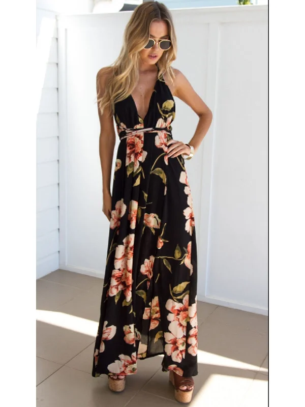 Deep V Neck Backless Spaghetti Strap Floral Casual Maxi Dress Fashionable Faux Wrap Maxi Dress