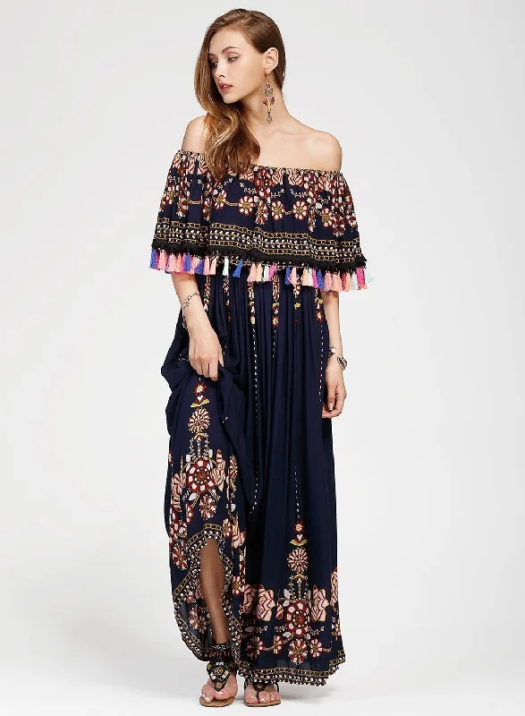 Women s Fashion Boho Floral off Shoulder Maxi Dress Stylish V-Neck Maxi Dress