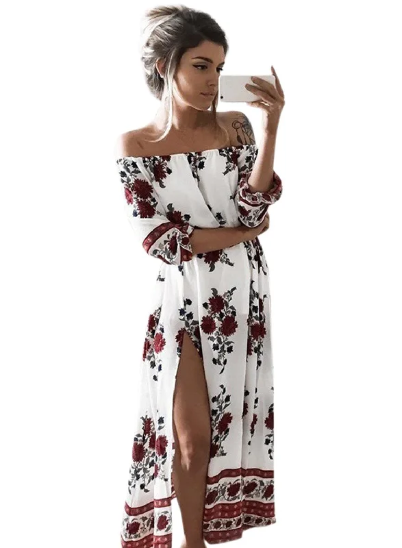 Women s PUff Sleeve Off Shoulder Floral Printed Maxi Dress Stylish One-Shoulder Maxi Dress