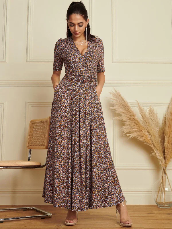 Wrap Front Viscose Maxi Dress, Navy Floral Elegant Maxi Dress with Pockets