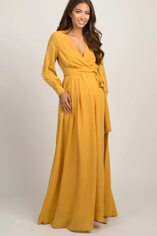 Yellow Chiffon Long Sleeve Pleated Maternity Maxi Dress Cozy Cold-Shoulder Maxi Dress