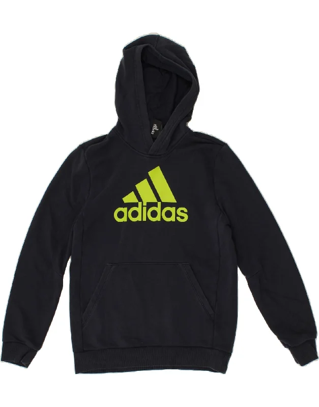 ADIDAS Boys Graphic Hoodie Jumper 13-14 Years Navy Blue Cotton Hoodie with Zipper Versatile Modern