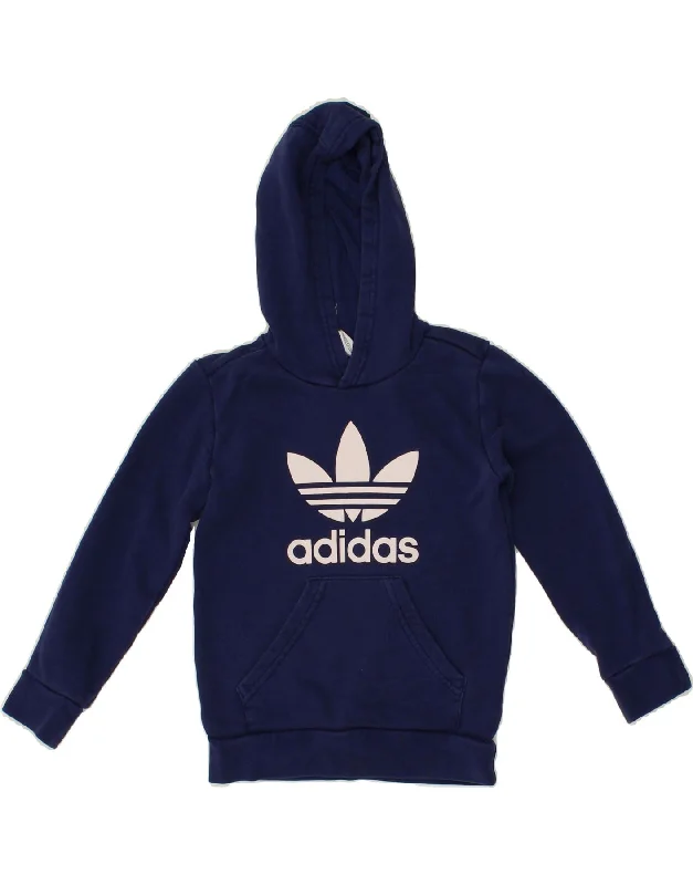 ADIDAS Boys Graphic Hoodie Jumper 6-7 Years Navy Blue Cotton Hoodie with Cropped Fit Short Trendy