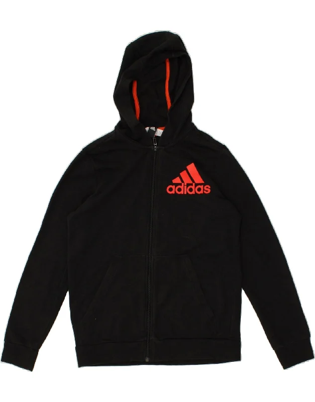 ADIDAS Boys Graphic Zip Hoodie Sweater 13-14 Years Black Cotton Zip Hoodie Drawstring Kangaroo Pocket