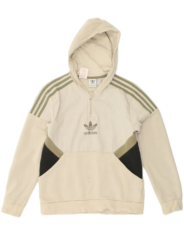 ADIDAS Boys Hoodie Jumper 13-14 Years Beige Colourblock Cotton Hoodie with Velcro Closure Adjustable Secure