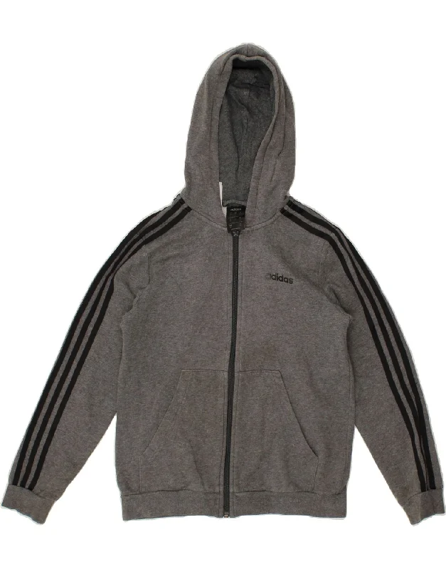 ADIDAS Boys Zip Hoodie Sweater 11-12 Years Grey Cotton Hoodie with Hem Applique Textured Unique