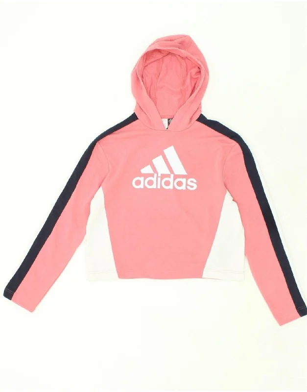 ADIDAS Girls Crop Graphic Hoodie Jumper 13-14 Years Pink Colourblock Hoodie with Hem Patch Decorative Personalized