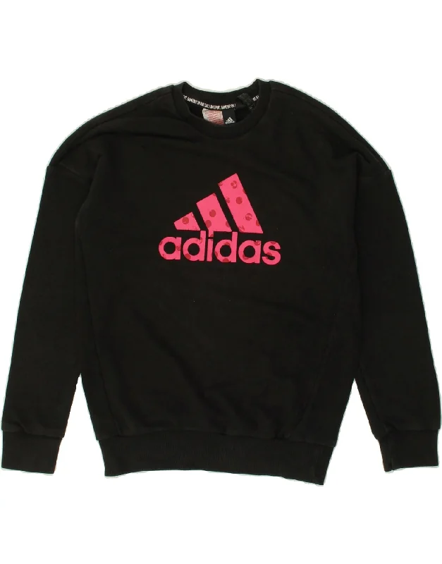 ADIDAS Girls Graphic Sweatshirt Jumper 11-12 Years Black Cotton Hoodie with Set-In Sleeves Structured Classic