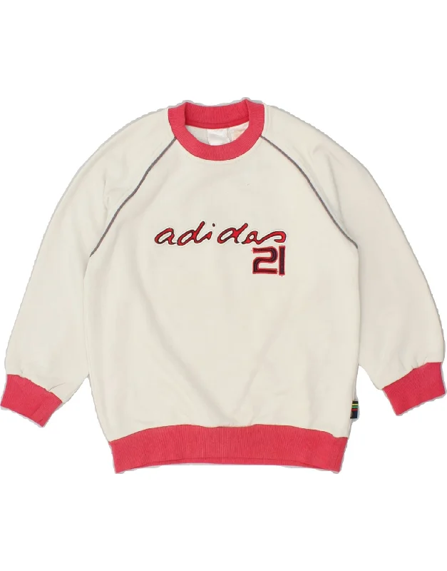 ADIDAS Girls Graphic Sweatshirt Jumper 8-9 Years Off White Cotton Hoodie with Hem Ribbing Snug Secure