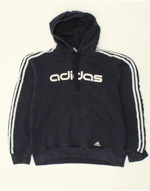 ADIDAS Mens Graphic Hoodie Jumper Large Navy Blue Cotton Hoodie with Stripes Bold Sporty