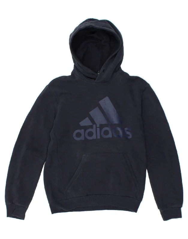 ADIDAS Mens Graphic Hoodie Jumper Small Navy Blue Cotton Hoodie with Cropped Fit Short Trendy