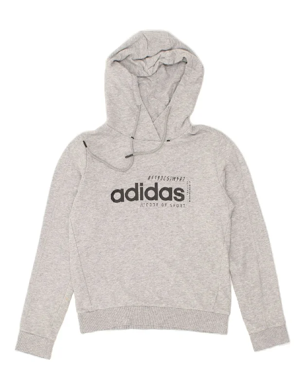 ADIDAS Womens Crop Graphic Hoodie Jumper UK 8/10 Small Grey Cotton Hoodie with High-Low Hem Asymmetrical Trendy