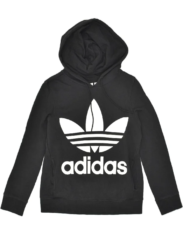 ADIDAS Womens Graphic Hoodie Jumper UK 8 Small Black Cotton Hoodie with Metallic Shiny Futuristic