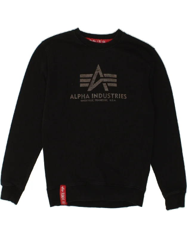 ALPHA INDUSTRIES Mens Graphic Sweatshirt Jumper Medium Black Cotton Hoodie with Stripes Bold Sporty