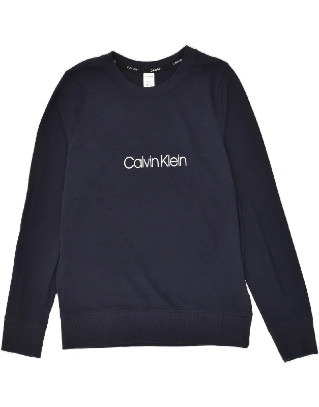 CALVIN KLEIN Mens Graphic Sweatshirt Jumper Medium Navy Blue Cotton Hoodie with Hem Embroidery Detailed Premium