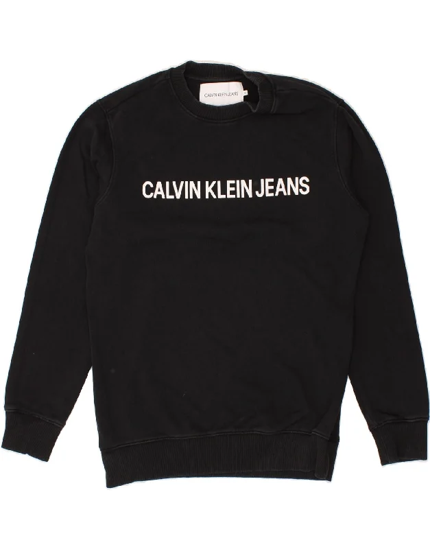 CALVIN KLEIN Mens Graphic Sweatshirt Jumper Small Black Cotton Hoodie with Crew Neck Simple Timeless