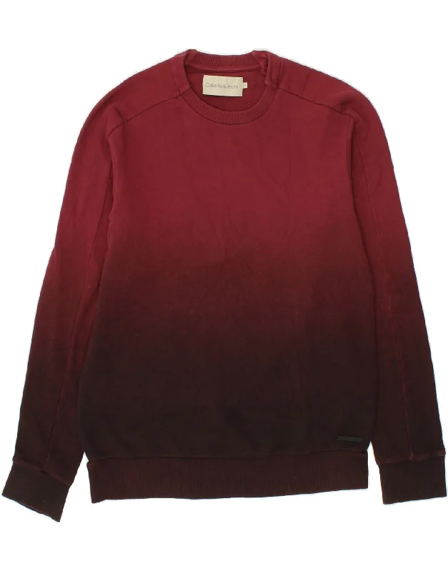 CALVIN KLEIN Mens Sweatshirt Jumper Large Burgundy Colourblock Cotton Hoodie with Color Block Contrast Stylish