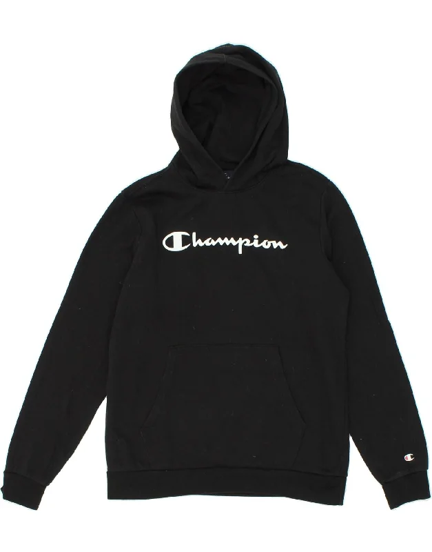 CHAMPION Boys Graphic Hoodie Jumper 15-16 Years 2XL  Black Hoodie with Hem Raw Edge Edgy Unfinished