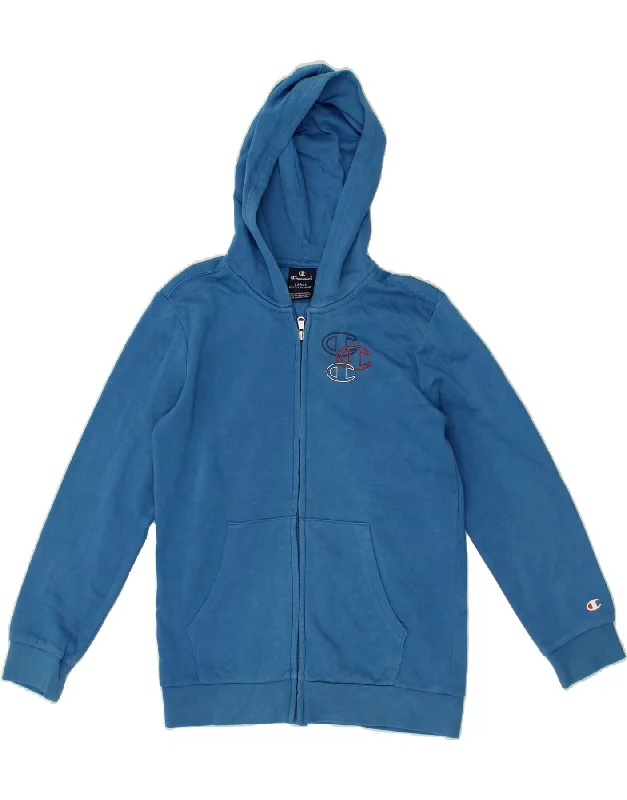 CHAMPION Boys Zip Hoodie Sweater 11-12 Years Large Blue Cotton Hoodie with Toggle Buttons Decorative Unique