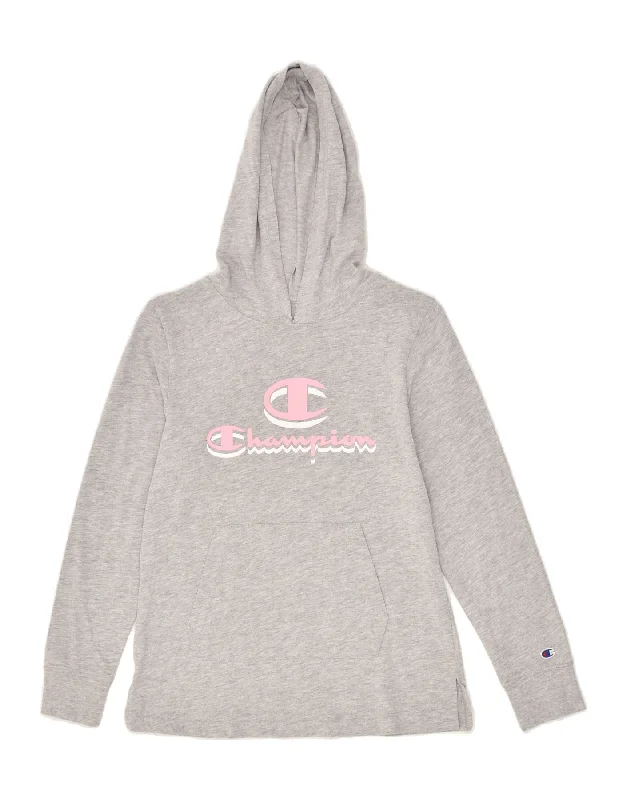 CHAMPION Girls Graphic Hoodie Jumper 13-14 Years XL Grey Cotton Hoodie with Button Placket Classic Preppy