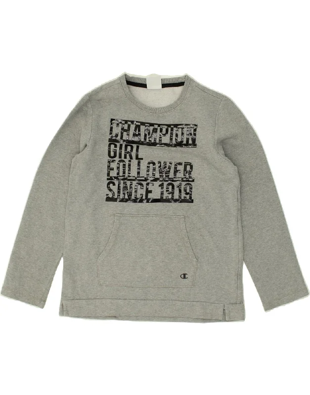 CHAMPION Girls Graphic Sweatshirt Jumper 11-12 Years Large Grey Hoodie with Batwing Sleeves Loose Dramatic