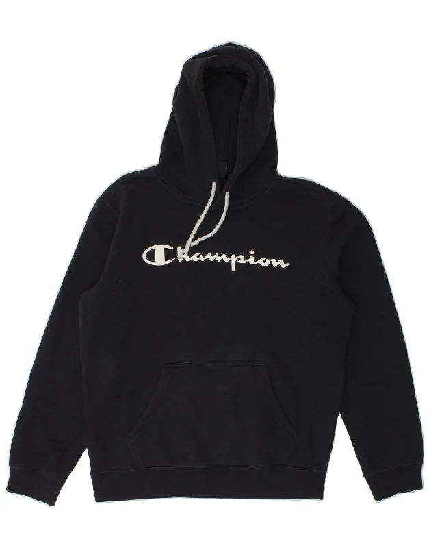 CHAMPION Mens Graphic Hoodie Jumper Large Navy Blue Cotton Hoodie with Mesh Breathable Sporty