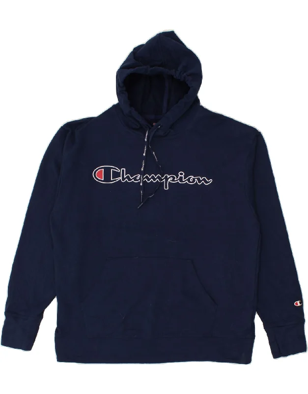 CHAMPION Mens Graphic Hoodie Jumper Large Navy Blue Polyester Hoodie with Slim Fit Tailored Modern