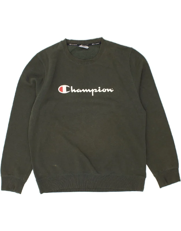 CHAMPION Mens Graphic Sweatshirt Jumper 2XL Green Cotton Hoodie with Zipper Placket Modern Functional